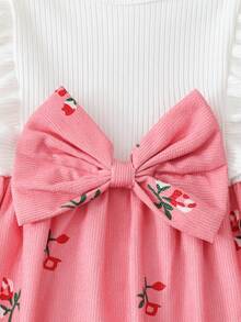 SHEIN Souflis Kleinkind Mädchen Rippkord Kleid mit Schleife, Blumen Rüschen Saum, Lässig Kleid, süß und niedlich für den Alltag und Urlaub