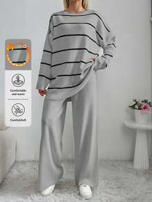 EURMUSE Conjunto de suéter con parte superior de manga larga de cuello redondo con patrón de rayas y pantalones de unicolor para mujer - Gris Claro - Ver 1