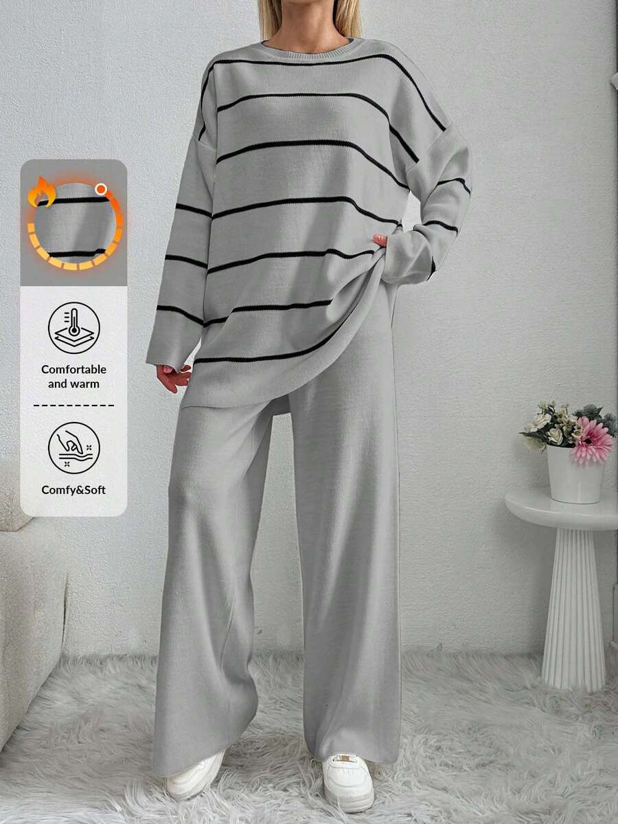 EURMUSE Conjunto de suéter con parte superior de manga larga de cuello redondo con patrón de rayas y pantalones de unicolor para mujer - Gris Claro - Ver 1