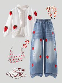 Cardigan casual fofo para meninas, gola redonda, manga comprida, tecido texturizado, tricô 3D, bordado de morango, com cós elástico, solto, reto, design desgastado, jeans bordado de morango, conjunto de moda outono para meninas, todas as estações - Branco - Ver 1