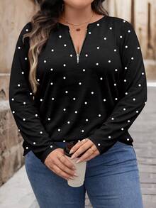 Mellowie Locker sitzendes Langarm-T-Shirt mit Rundhalsausschnitt und halbem Reißverschluss in Übergröße