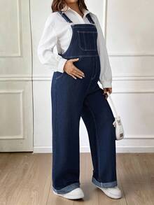 SHEIN Maternity Fall Autumn Winter Halloween Christmas New Year Thanksgiving Commuting Vacation Y2k Cute Party Elegant Business Casual Streetwear Coquette Pocket Design Wide Leg Loose Casual Blue Denim Bib Jumpsuit Classic Blue Denim Overalls For Women Adjustable Strap Loose Fit Jumpsuit With Rolled Cuffs Stylish Women Denim Dungarees Wide Leg Jumpsuit With Front Pocket Design And Comfortable Fit