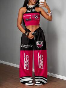 Slaydiva Bộ 2 món đồ bộ đồ nữ áo hai dây bó sát và quần ống rộng phong cách đường phố thường ngày, thích hợp mặc dạo phố - Nhiều màu - Xem 6