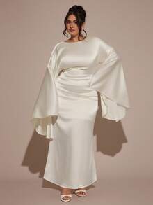 SHEIN BAE Apricot-farbenes Kleid in Große Größen mit weiten Ärmeln und offenem Rücken, elegantes Kleid - Aprikosenfarben - Übersicht 3