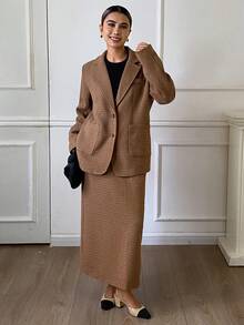DAZY Women's Solid Color Loose Long Sleeve Blazer Jacket And Straight Skirt Elegant Office Formal Suit Set, Autumn/Winter Business Attire - Brown - View 4