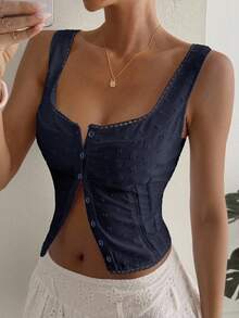 Livesso 修身女式蕾丝镂空网眼提花背心性感女式上衣短款女式上衣