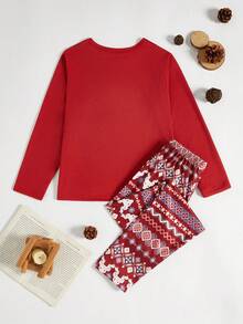 2件套女童休闲图案印花长袖上衣和裤子睡衣套装 - 紅色 - 查看 2