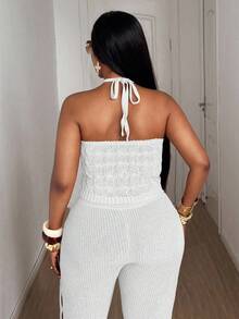 Maweii 大码女式毛衣纯色浅粉色，扭绳，珍珠项链，性感修身，优雅，派对女式上衣，高端设计感，短款针织上衣，秋冬，女式外套，女装斯堪的纳维亚派对针织镂空Y2K派对上衣闪光针织 - 白色 - 查看 2