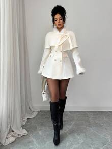 SHEIN Elenzya 优雅杏色人造毛领长袖 A 字形设计双排扣蝴蝶结口袋夹克，适合商务会议、婚礼、联欢晚会、通勤、毕业派对、节日、约会和派对 - 白色 - 查看 3