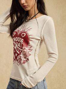 Easelle 女式标语和心形印花圆领长袖休闲T恤