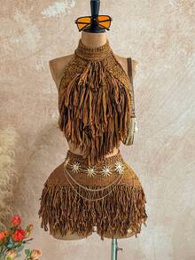 Soleia 颈链细节流苏针织上衣夏季，伊比沙岛装扮，假日度假性感节日狂欢针织逍遥游秋季乡村秋冬纳什维尔 - 棕色 - 查看 5