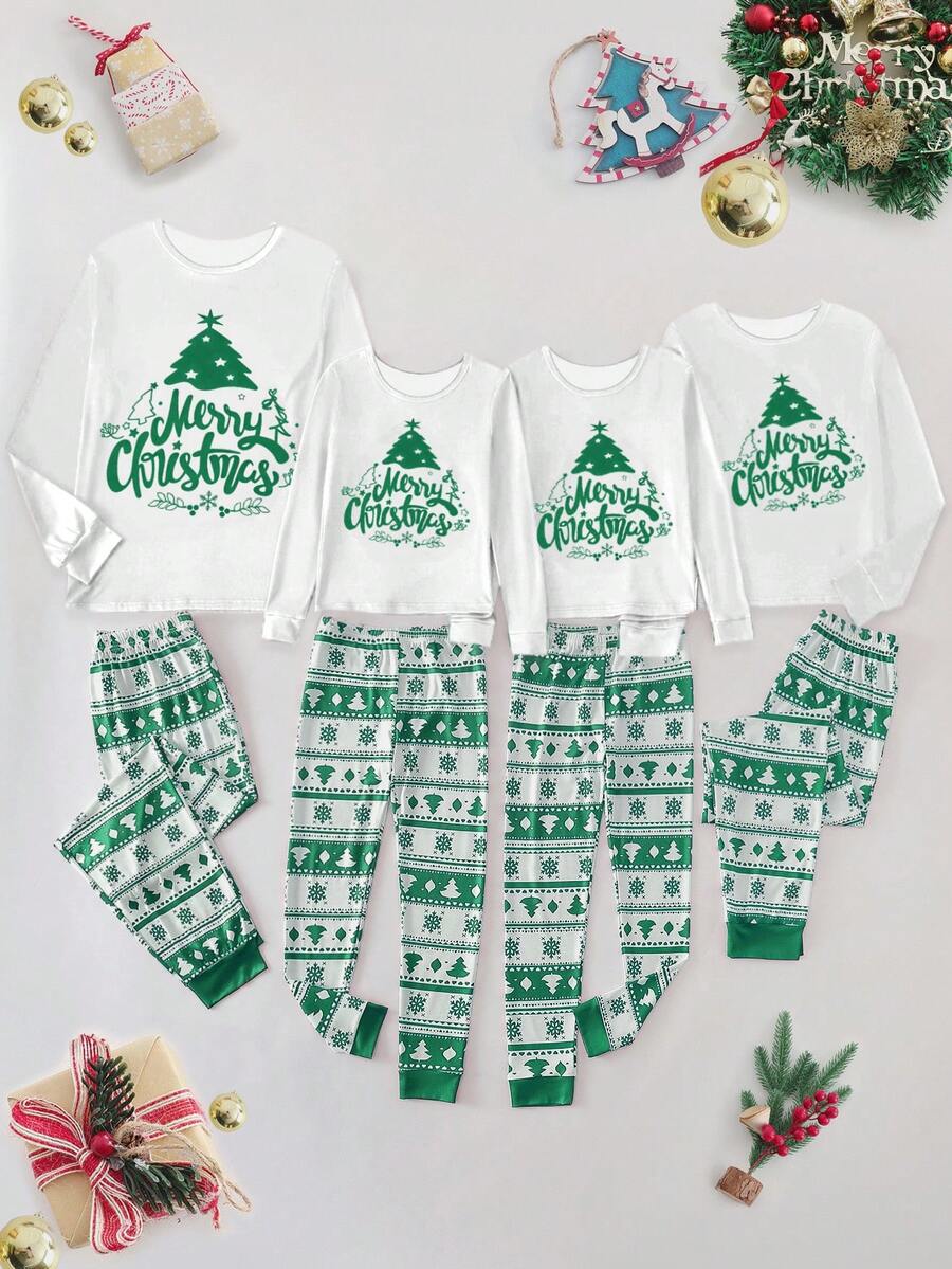 1 套圣诞快乐男孩睡衣，红色长袖上衣，装饰圣诞树图案，白色书法“圣诞快乐”文字，拼色裤子，分层圣诞树和雪花印花，弹力透气针织面料，可机洗，穿着舒适，易于护理，母子装（4 套单独出售） - 彩色 - 查看 1