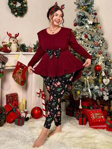 SHEIN Essnce Plus Size Women's Autumn And Winter Fashion Casual High Elastic Comfortable Red Waist Top And Christmas Print Leggings Two Pieces Set, Mother And Daughter Clothes,Christmas Outfit For Women - Red - View 5