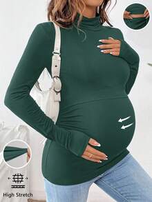 SHEIN 纯色高领褶皱长袖哺乳上衣孕妇T恤 - 墨綠色 - 查看 1