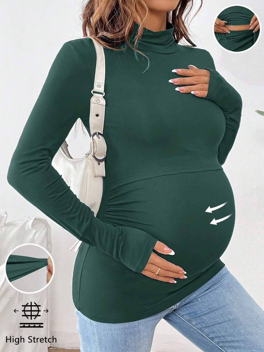 SHEIN 纯色高领褶皱长袖哺乳上衣孕妇T恤 - 墨綠色 - 查看 1