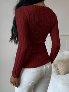 SHEIN EZwear 女士休闲通勤刺绣图案粗针织修身毛衣，秋冬 - 酒紅色 - 查看 2