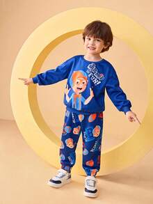 Blippi X SHEIN 男童两件套卡通字母图案针织圆领宽松卫衣和裤子套装，秋冬 - 藍色 - 查看 2