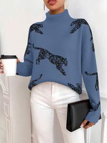 SHEIN LUNE Women's Casual Oversized Leopard Animal Print High Neck Loose Sweater, Autumn/Winter - Dark Blue - View 3