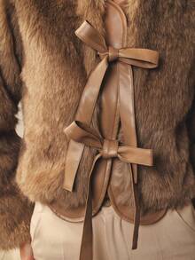 Omancia Women's Elegant Brown Top With PU Leather, Faux Fur And Tie-Up Fur Jacket, Casual For Party, Halloween, Christmas, New Year, Thanksgiving, Autumn/Winter - Coffee Brown - View 3