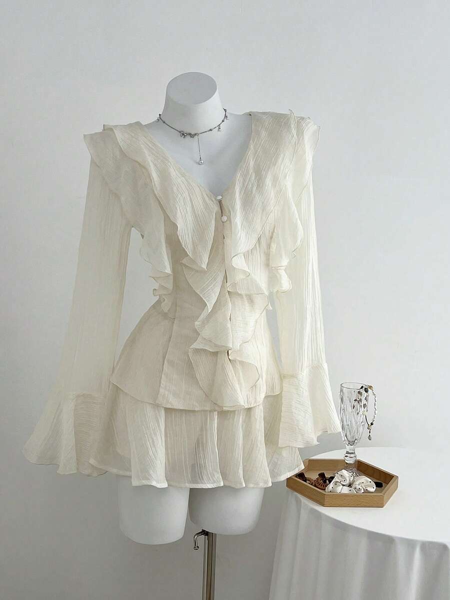 Elamini 2件套杏色冬季通勤日常腰部收腰荷叶边V领喇叭袖可爱休闲女士长袖迷你连衣裙套装 - 杏色 - 查看 1