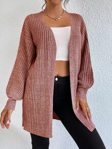 EURMUSE Ribbed Knit Drop Shoulder Open Front Cardigan - Pink - View 5