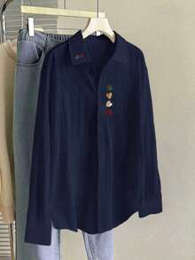 INAWLY Women's Colorful Heart Embroidered Simple Long Sleeve Blouse, Everyday Wear - Navy Blue - View 3