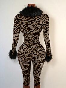 Mistrie 女式斑马纹长袖毛领连体裤 - 棕色 - 查看 2