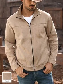 Manfinity Nomadique 美式复古新款休闲商务弹力仿麂皮男士夹克，奢华风格，秋冬 - 棕色 - 查看 3