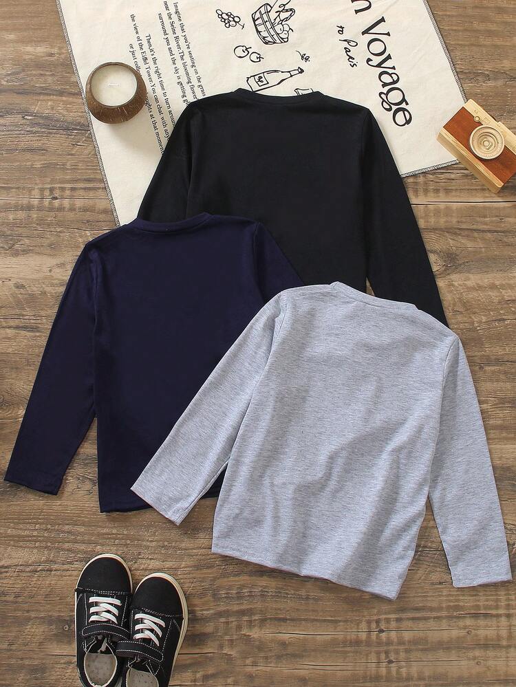 SHEIN Genkimix Kids 3 Peças Camiseta de Manga Longa com Gola Careca e Estampa de Letras, Estampa Gráfica Significativa e Interessante, Tecido Macio e Confortável, Adequado para Uso Diário, Escola, Esportes, Casa - Multicolorido - Visão 2