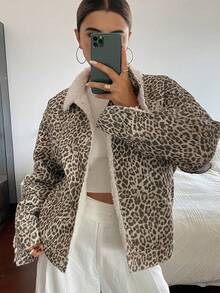 DAZY 豹纹印花保暖宽松外套，翻领长袖休闲街头风女式外套，秋冬保暖女式大衣 - 卡其色 - 查看 1