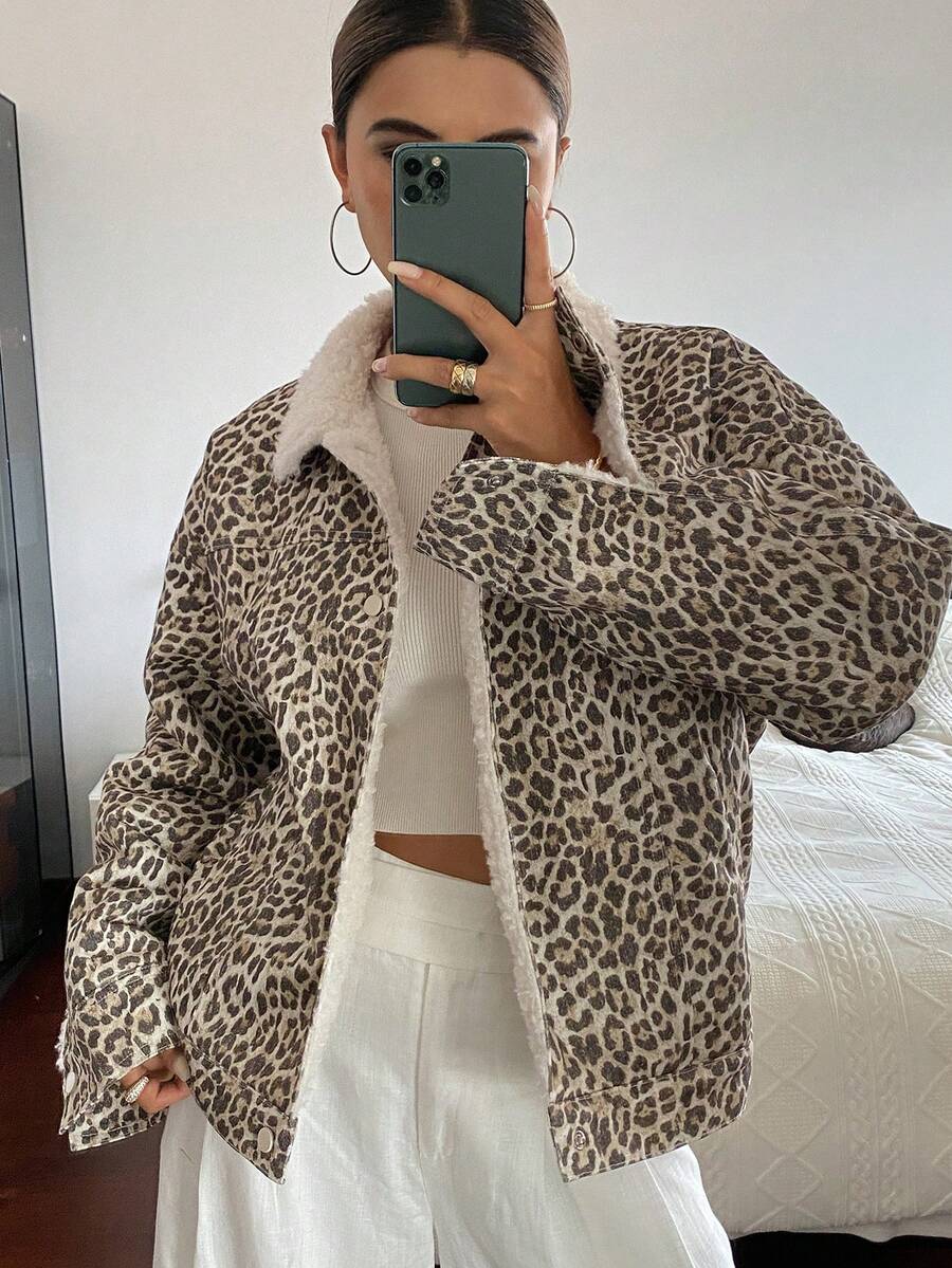 DAZY 豹纹印花保暖宽松外套，翻领长袖休闲街头风女式外套，秋冬保暖女式大衣 - 卡其色 - 查看 1