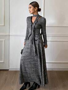 DAZY طقم ملابس علوية طويلة الأكمام ذات رقبة على شكل حرف V وتنورة طويلة على شكل حرف A للنساء، طقم ملابس كاجوال للعطلات، خريف/شتاء، قطعتان