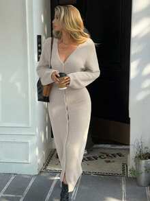 Livesso 女式V领灯笼袖长款针织毛衣裙，秋季 - 米色 - 查看 3