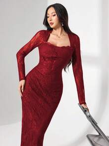Modelyn Square Neck Lace Long Sleeve Fitted Midi Dress For Women - Burgundy - View 7