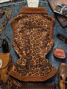 Easelle Chaqueta sin mangas con cremallera y forro térmico con estampado de leopardo, ropa de otoño e invierno para mujeres - Multicolor - Ver 10