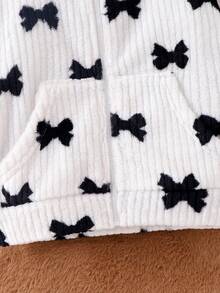 Elladie kids 女童可爱黑色蝴蝶结条纹毛绒时尚舒适秋冬连帽长袖外套，儿童舒适百搭开衫 - 米色 - 查看 4