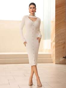 Modelyn 女式纯色铆钉镂空长袖修身针织罗纹毛衣裙 - 米色 - 查看 3