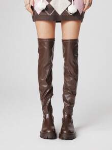 ROMWE 女式厚底粗跟时尚百搭过膝长靴 - 棕色 - 查看 2