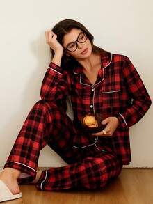 SHEIN Women's Casual Red Plaid Print Long Sleeve Top & Pants Pajama Set With Collar Fall Winter Clothes, Christmas - Multicolor - View 3