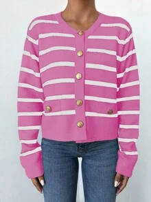EURMUSE Women Spring/Autumn Casual Colorblock Striped Cardigan - Pink - View 3