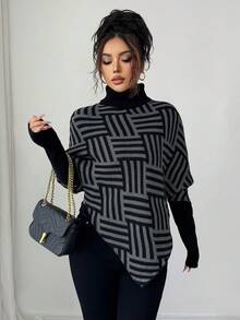 Elenzga Women's Elegant High Neck Geometric Textured Poncho Sweater, Colorblock, Suitable For Home & Travel, Spring/Autumn