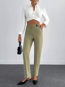 EURMUSE Women's Fashionable Versatile Solid Color High Waist Pants - Army Green - View 4