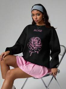 Gameset SHEIN Sport 女式宽松圆领长袖玫瑰印花休闲运动衫女式套头衫黑色运动衫玫瑰印花运动衫女式运动衫女式图案运动衫 - 黑色 - 查看 7