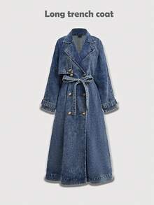 Maija Women's Retro Denim Trench Coat Autumn And Winter Temperament Long Coat French Elegant Belt Long Sleeve Denim Jacket Long Party Dresses - Medium Wash - View 4