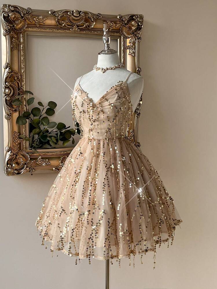 SHEIN Belle Vestido elegante y hermoso con tirantes de lentejuelas doradas, espalda descubierta con cordones, línea A y manga abullonada para mujer. Ideal para graduación, fiestas, cócteles, bailes de promoción, bodas y otras ocasiones especiales como cumpleaños, San Valentín, etc. - Dorado - Añade 6