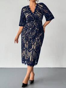 Firerie 加大码优雅蕾丝拼布弹性休闲办公长袖连衣裙，适合春秋季节 - 藍色 - 查看 5