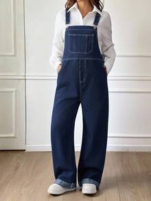 SHEIN Maternity Fall Autumn Winter Halloween Christmas New Year Thanksgiving Commuting Vacation Y2k Cute Party Elegant Business Casual Streetwear Coquette Pocket Design Wide Leg Loose Casual Blue Denim Bib Jumpsuit Classic Blue Denim Overalls For Women Adjustable Strap Loose Fit Jumpsuit With Rolled Cuffs Stylish Women Denim Dungarees Wide Leg Jumpsuit With Front Pocket Design And Comfortable Fit