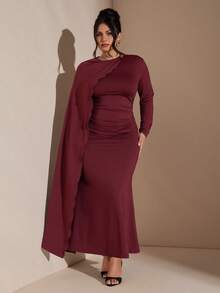 SHEIN BAE Plus Size Women's Elegant, Burgundy Autumn Formal Party Dress,Cape Sleeves Asymmetrical Pleated Hem,Side Slit Ruched Curvy Tight Solid Color Dress - Burgundy - View 3
