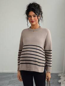 Momance 宽松条纹立领落肩长袖开衩休闲针织孕妇毛衣 - 摩卡棕 - 查看 5