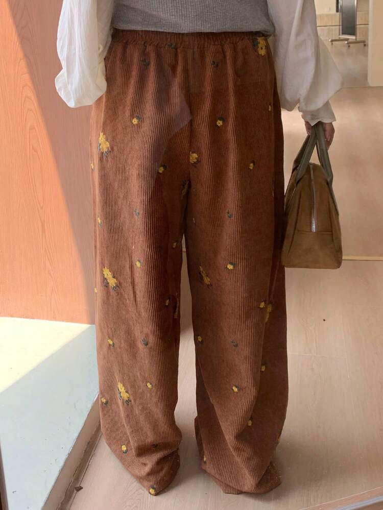 Dazy Plus Elastic Waist Corduroy Fashion Small Yellow Flower Embroidered Loose Casual Long Pants For Plus Size Women, Autumn/Winter